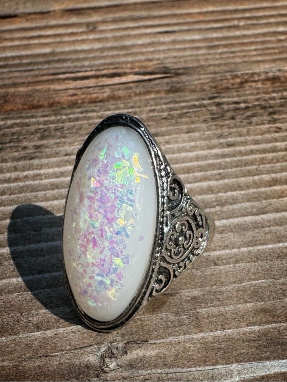 Silver Filigree White Opal-Style Oval Ring - Picture 2 of 6